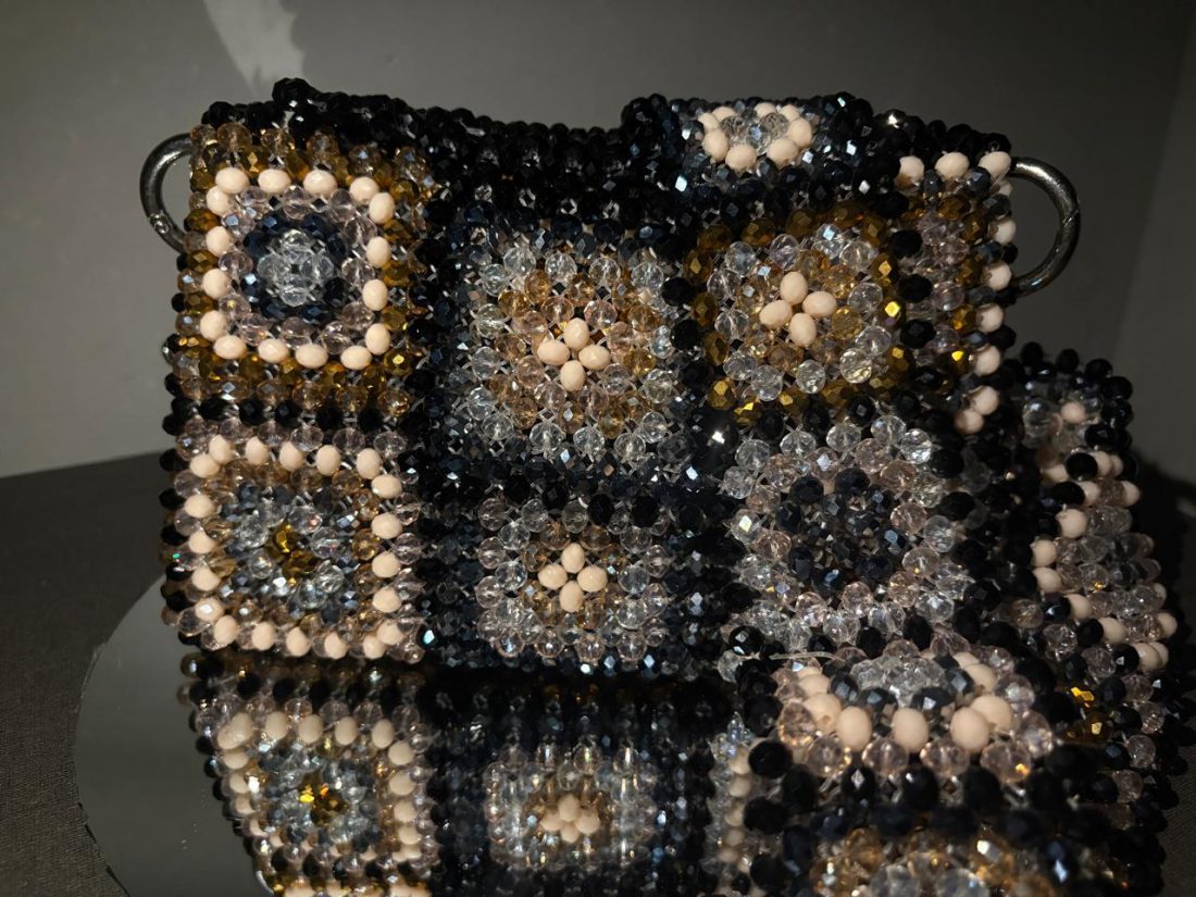 Midnight Mosaic hand-beaded bag in black, champagne, crystal and ivory